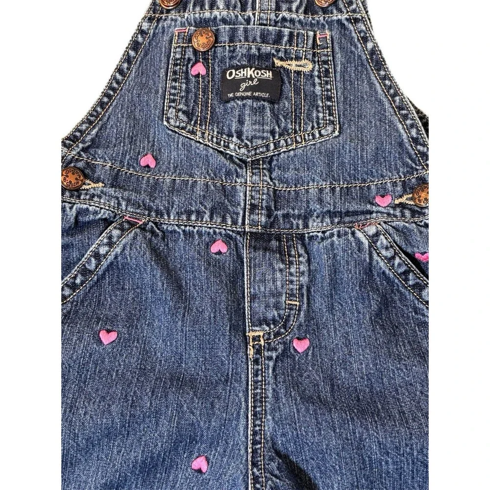 OshKosh Bgosh Girls 24M Pink Embroidered Heart Denim Overalls Vestbak Cotton